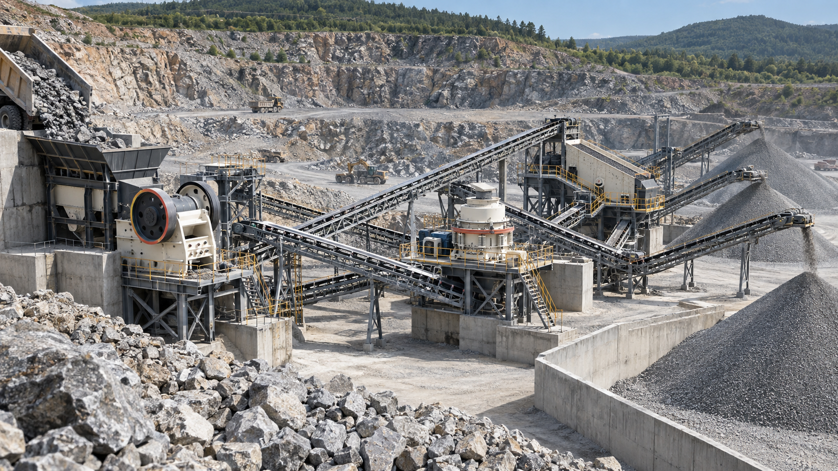 Complete aggregate crushing and screening equipment portfolio operating in a hard-rock quarry