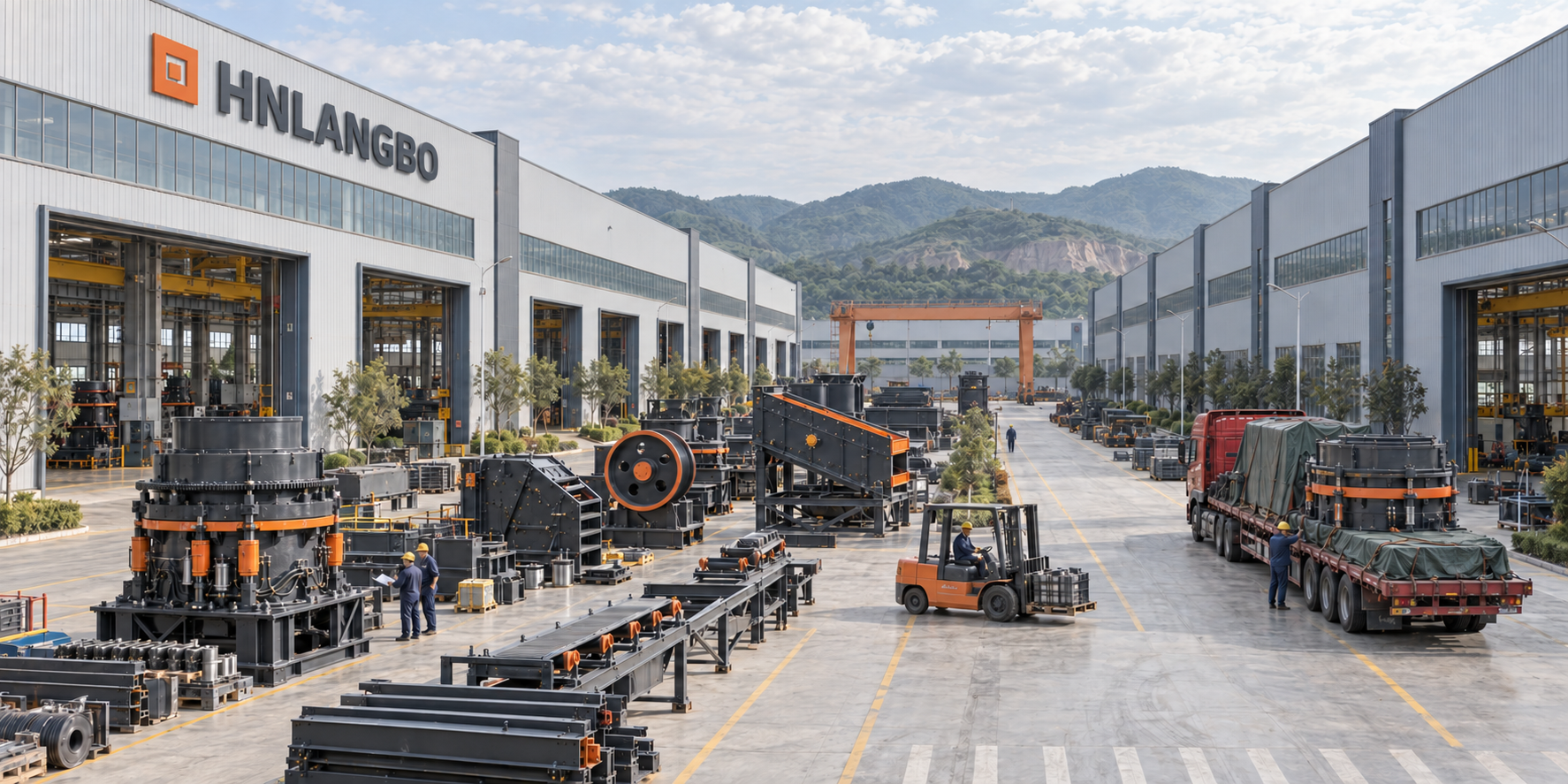 Wide view of HNLANGBO heavy equipment manufacturing campus and loading yard