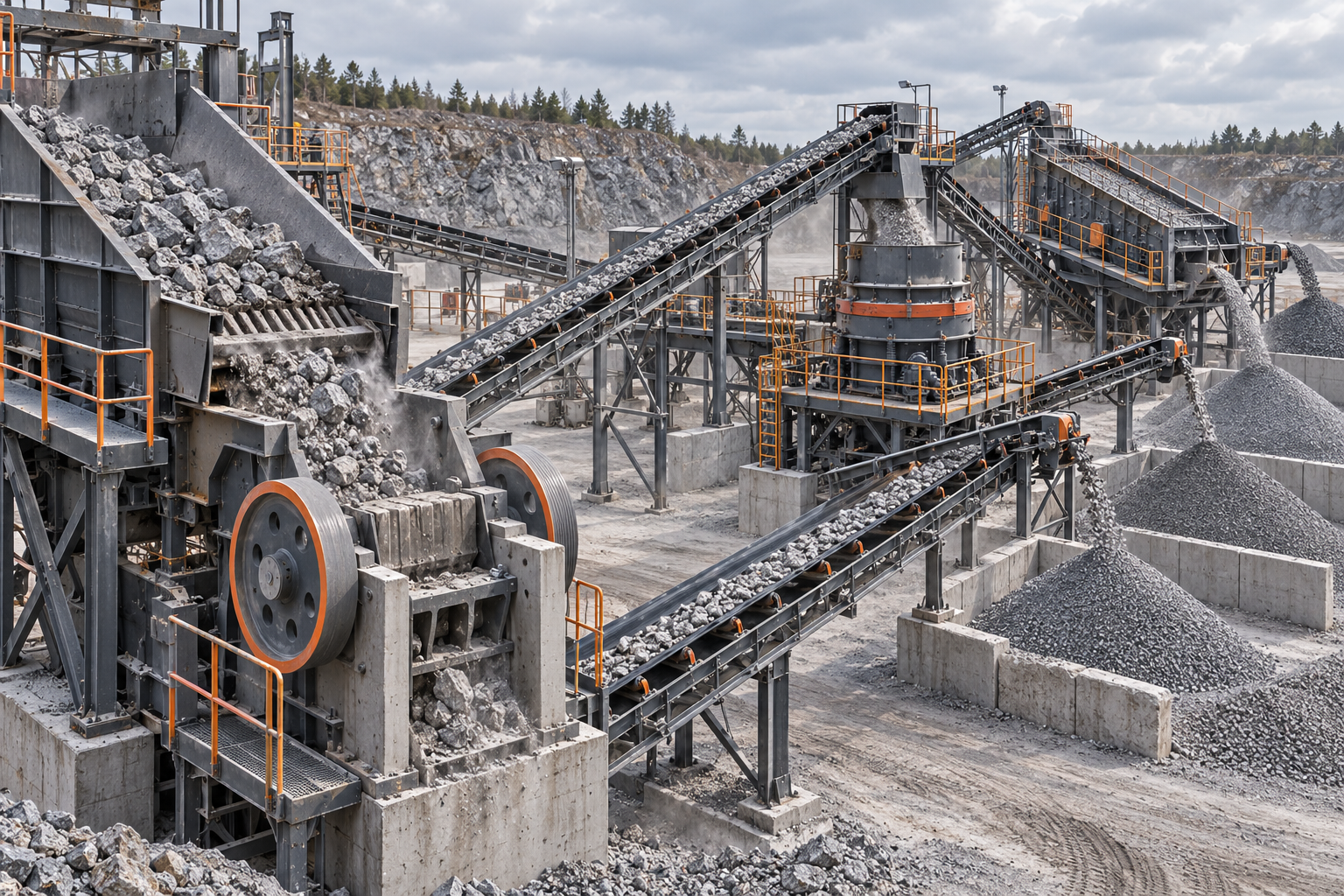 Representative complete quarry crushing screening and conveying system
