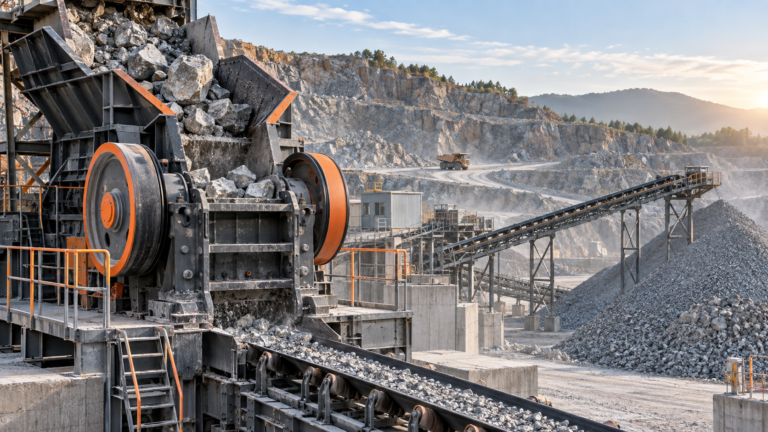Jaw crusher processing hard granite in a quarry crushing plant