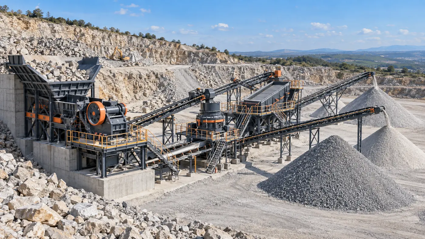 Crushing and screening plant with aggregate stockpiles