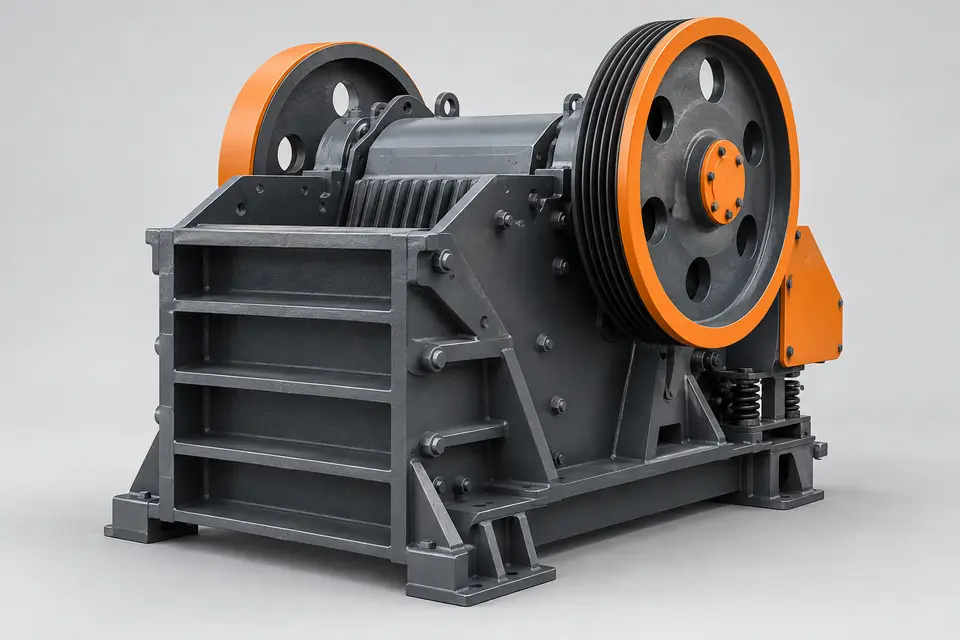Jaw crusher with flywheel and crushing chamber