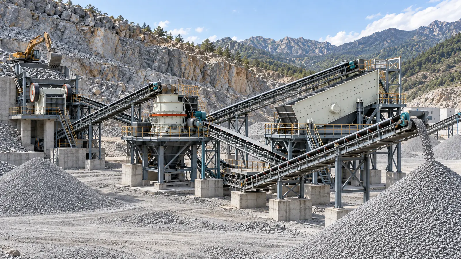 Granite aggregate crushing screening plant from a closer side view