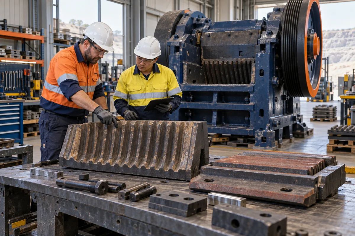 Technicians inspecting a jaw crusher wear liner and spare parts