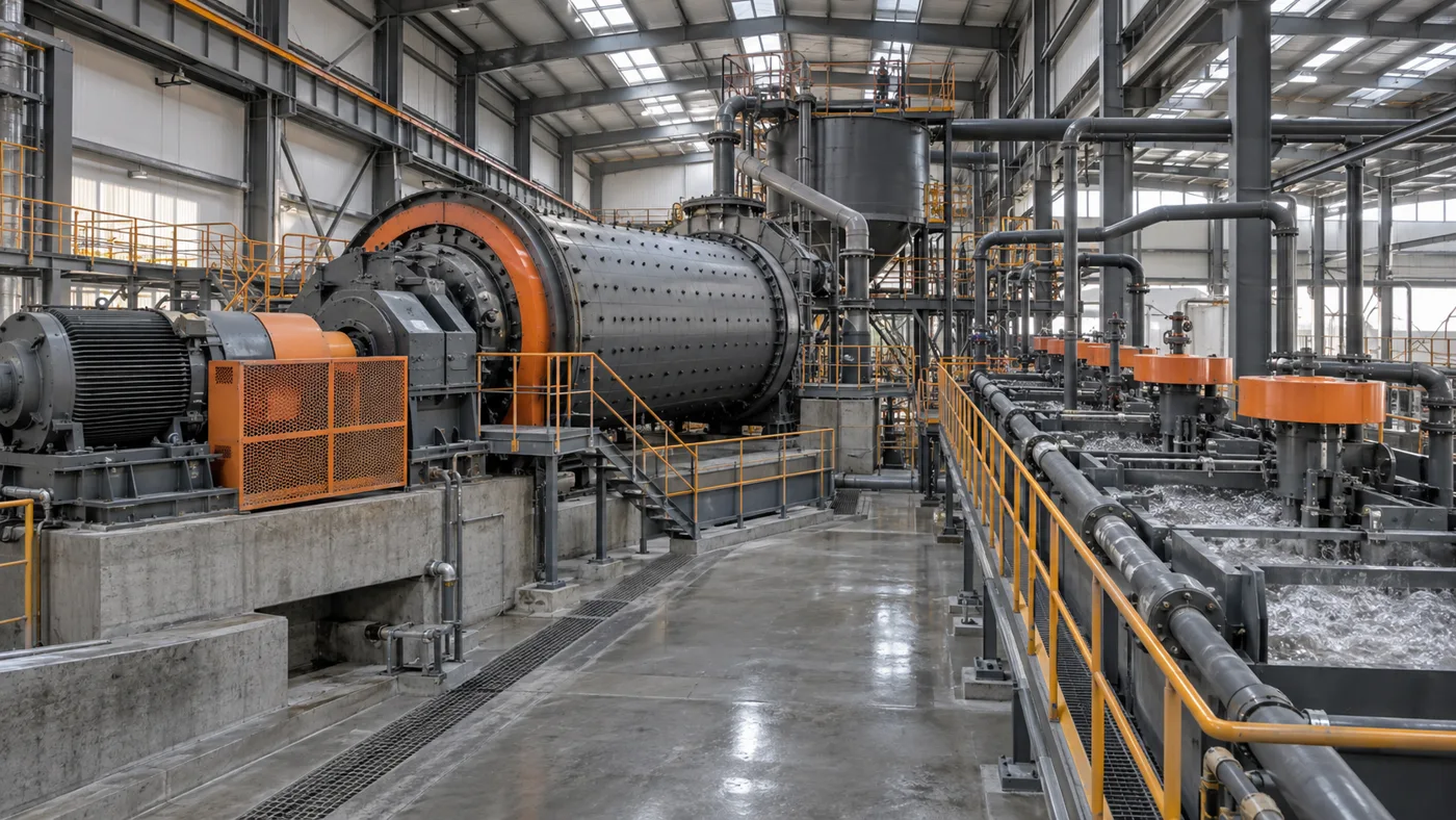 Ball mill and flotation equipment in an industrial hall