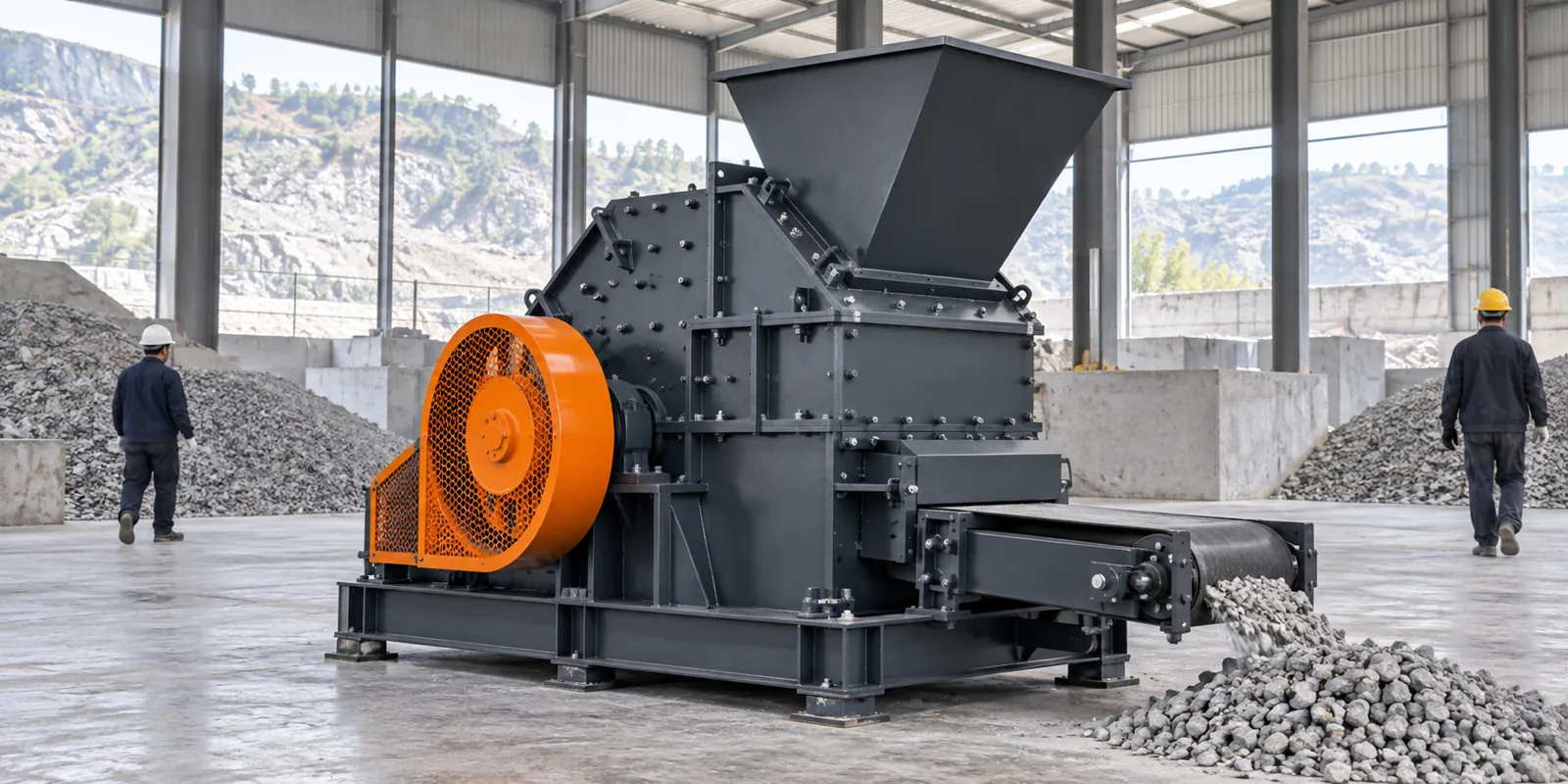 PC hammer crusher in a covered limestone processing workshop