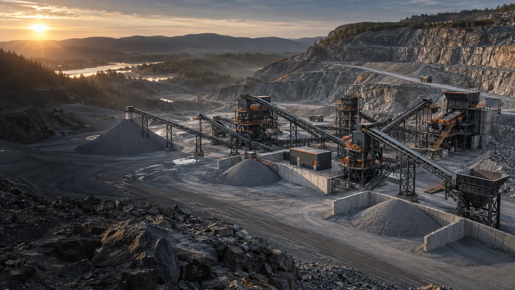 Representative complete quarry crushing screening and conveying configuration