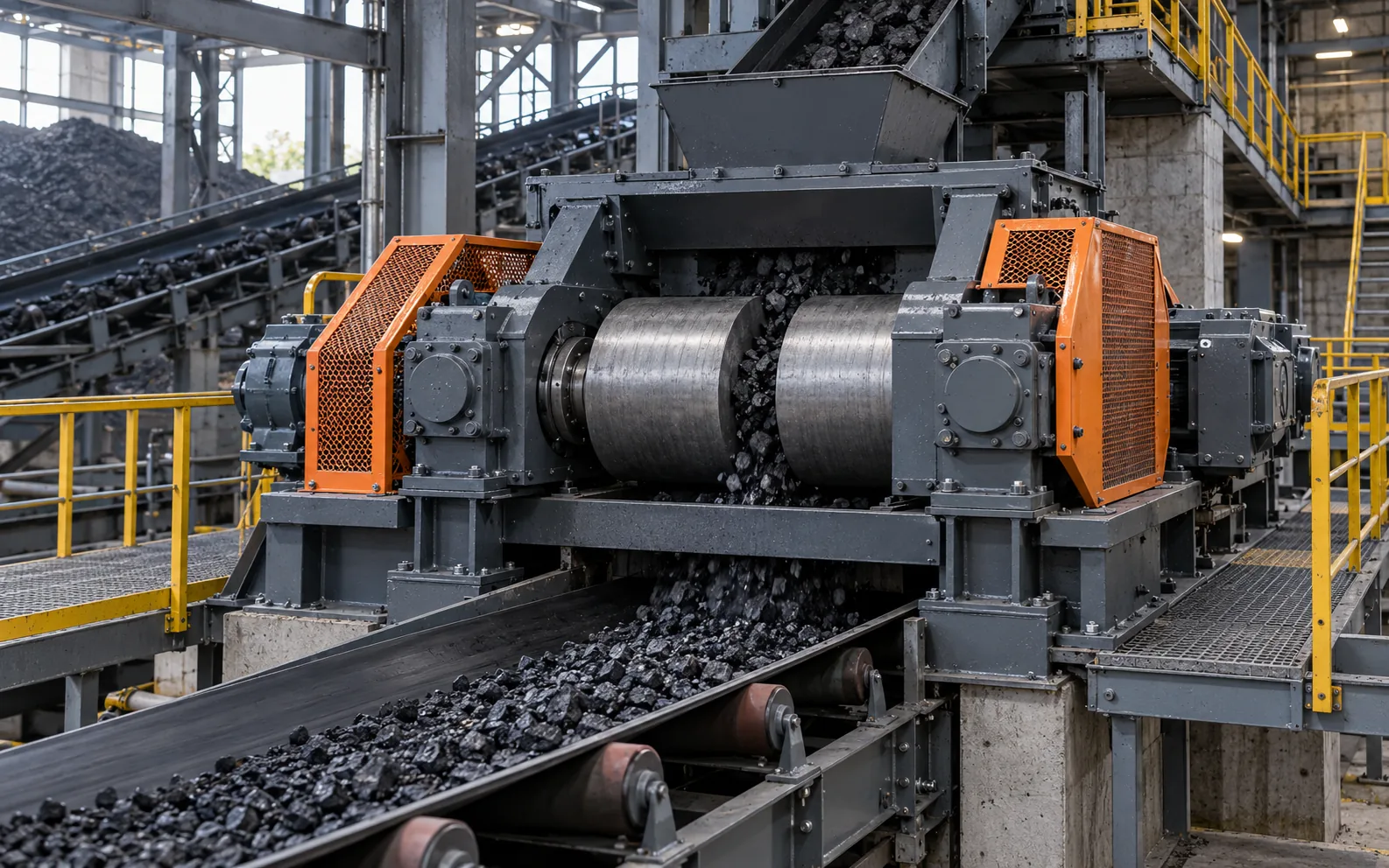 Roller crusher in a covered coal processing plant