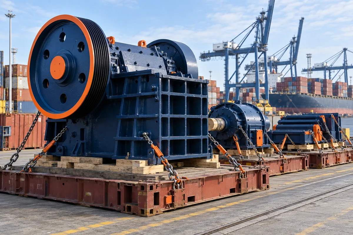 Jaw crusher assemblies secured on flat-rack platforms for sea freight
